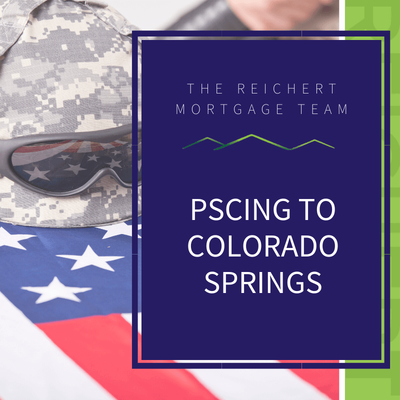 Reichert Mortgage blog image with title 'PCSing to Colorado Springs' and image of American flag, military helmet, and sunglasses