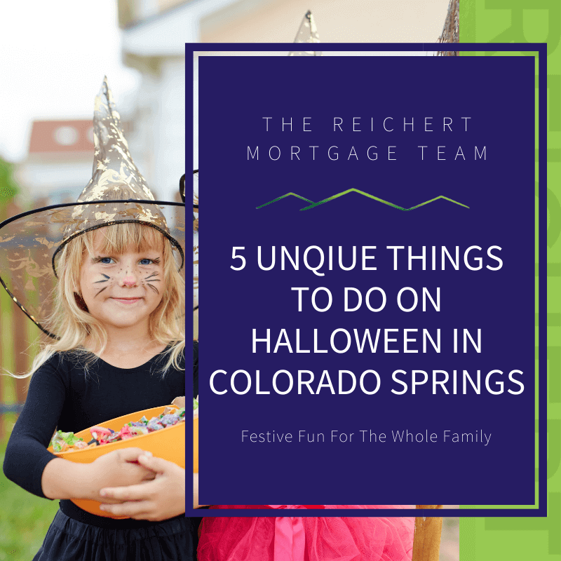 little girl holding bowl full of candy in a halloween costume with a blue overlay that reads: 5 Things To Do On Halloween In Colorado Springs"