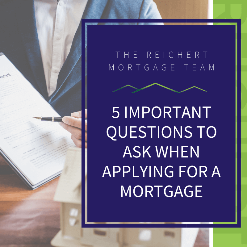 There is a mortgage broker pointing to clipboard with blue overlay that reads, "5 Important Questions To Ask When Applying For A Mortgage.."