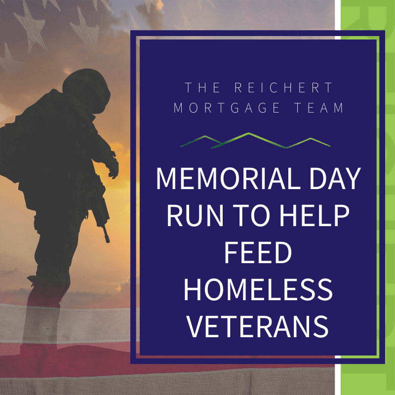 A picture of a soldier and American flag with blue overlay to the right of the picture that reads, "Memorial Day Run to Help Feed Homeless Veterans".