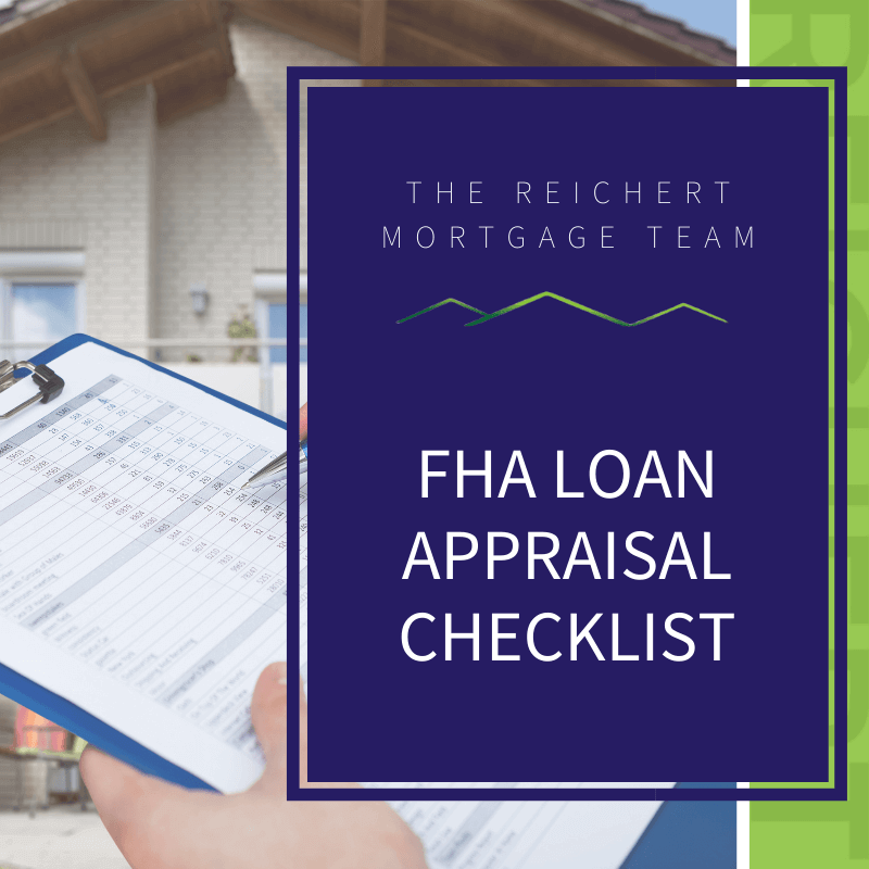 A picture of someone standing in front of a house holding a clip board with blue overlay to the right of the picture that reads, "FHA Loan Appraisal Checklist".