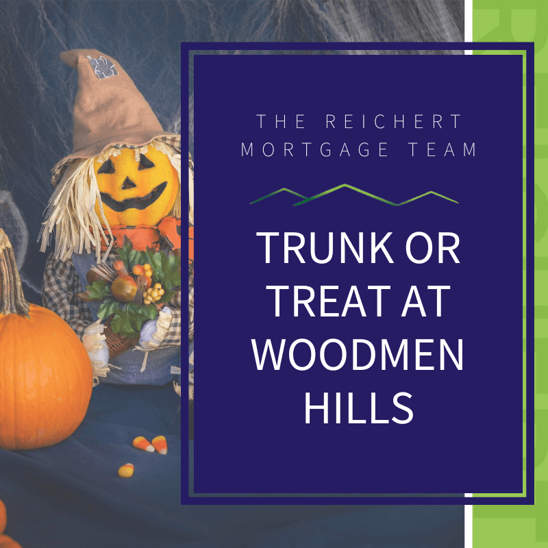 Blog graphic with the title "Trunk or Treat at Woodmen Hills" and an image of a scarecrow and pumpkin